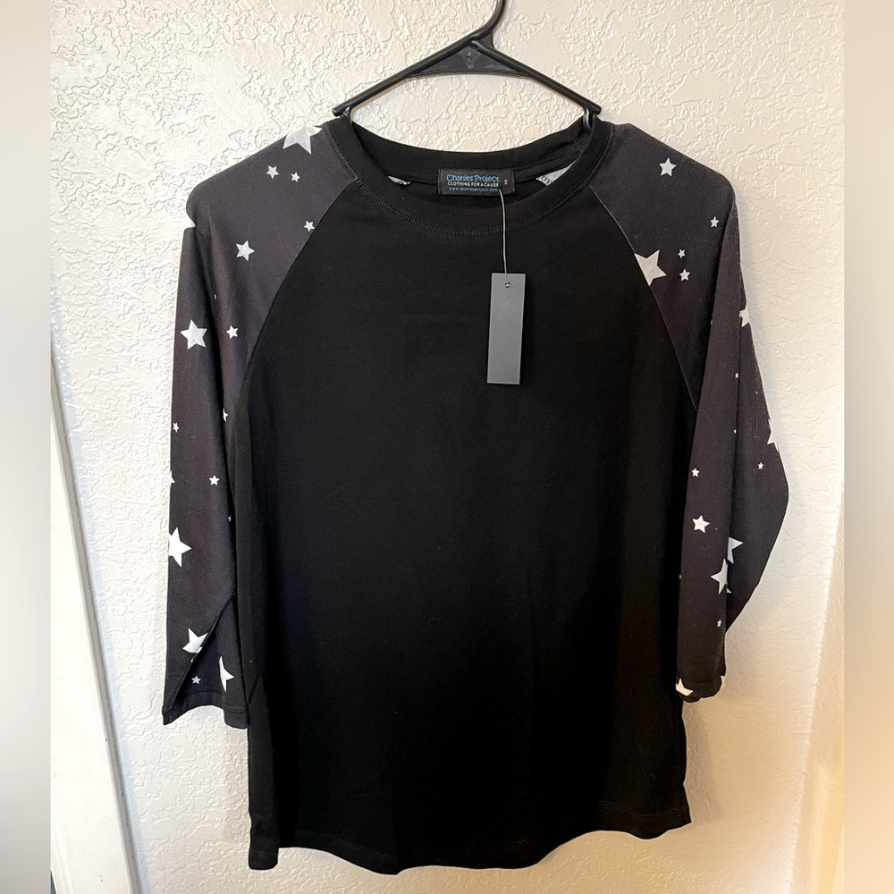 **NWT** size S Charlie’s Project baseball tee, black w/white stars on sleeves